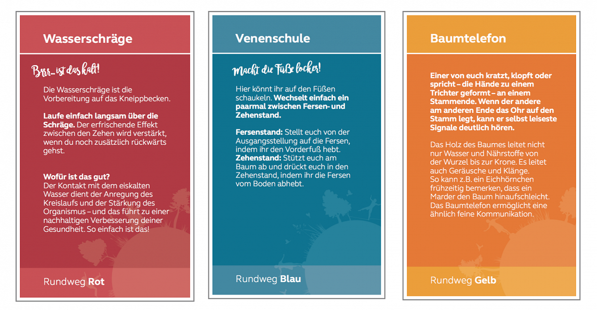 Große Schilder für den Barfußpark in drei Wegfarben